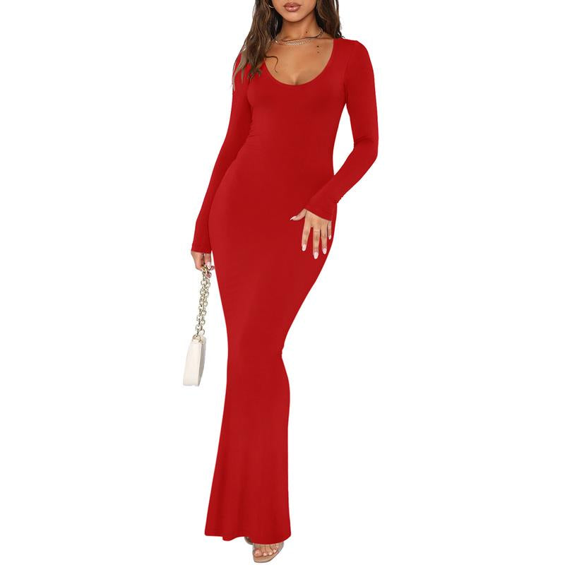 REORIA Tiktokshopbacktoschool Mother'S Day Gift Women'S Sexy Scoop Neck Long Sleeve Lounge Long Dress Summer Outdoorfun Ribbed Bodycon Maxi Dresses Fall Winter Layer Casual Fabric
